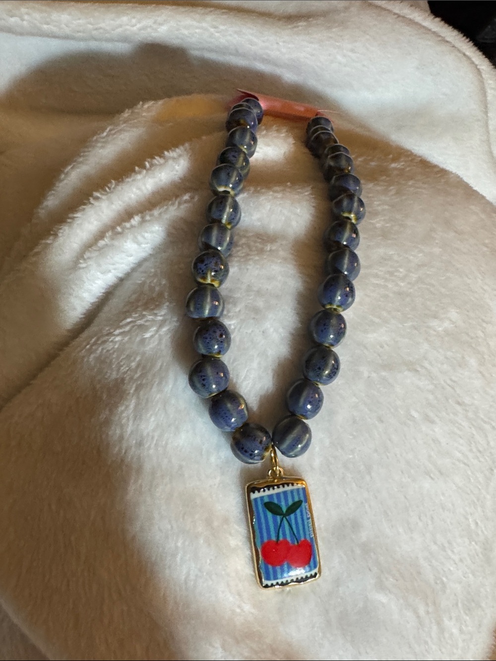Blue Beaded Necklace with Cherry Pendant - Unbranded